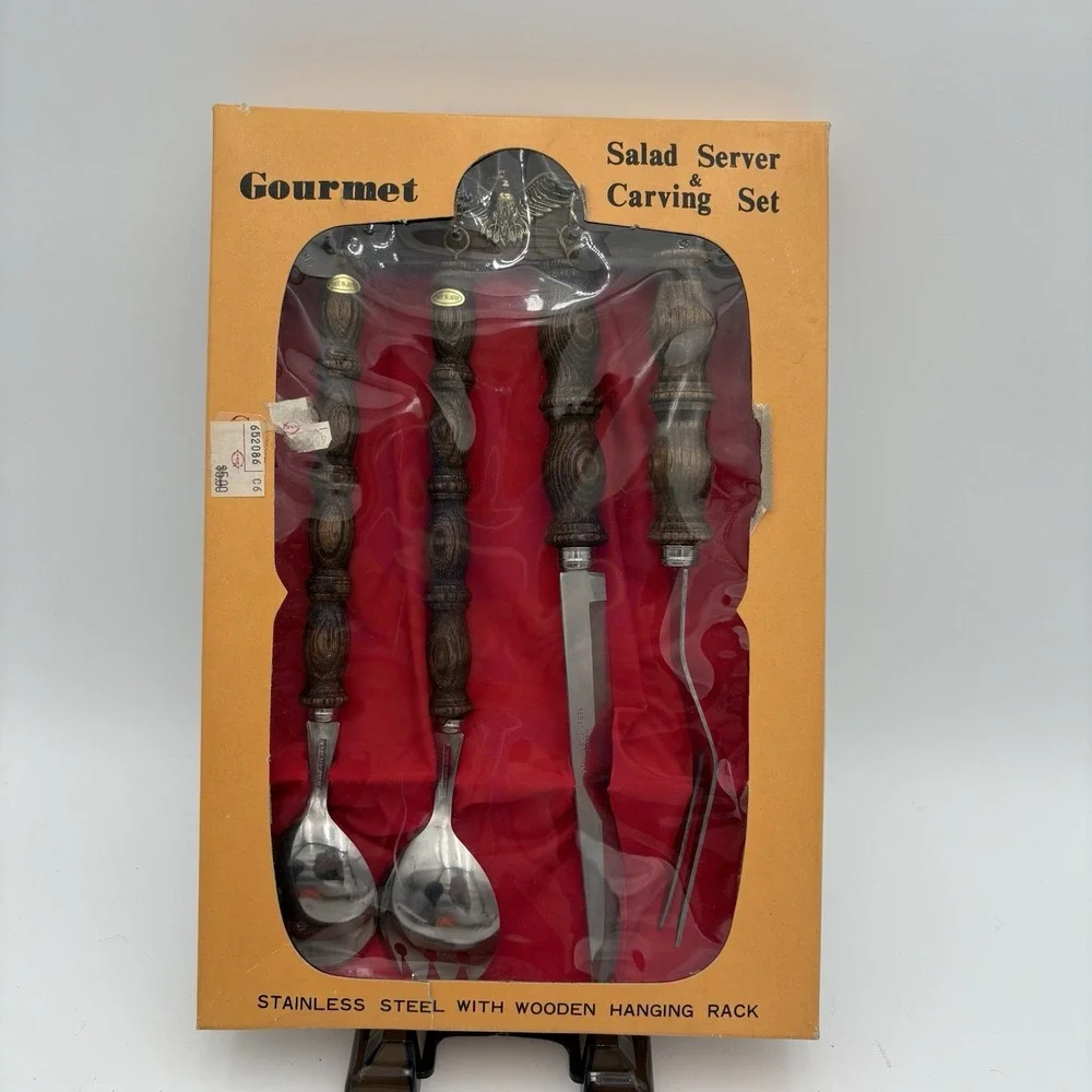 1970's Wood Handled Salad Serving & Carving‎ Set Hanging Display NEW Retro Eagle